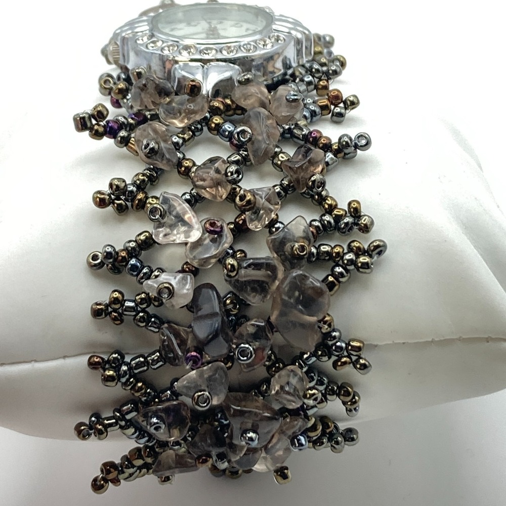 Artisan Womens Watch Beaded Gemstone Silver Tone Crystals New Battery 7.25" - Picture 7 of 16